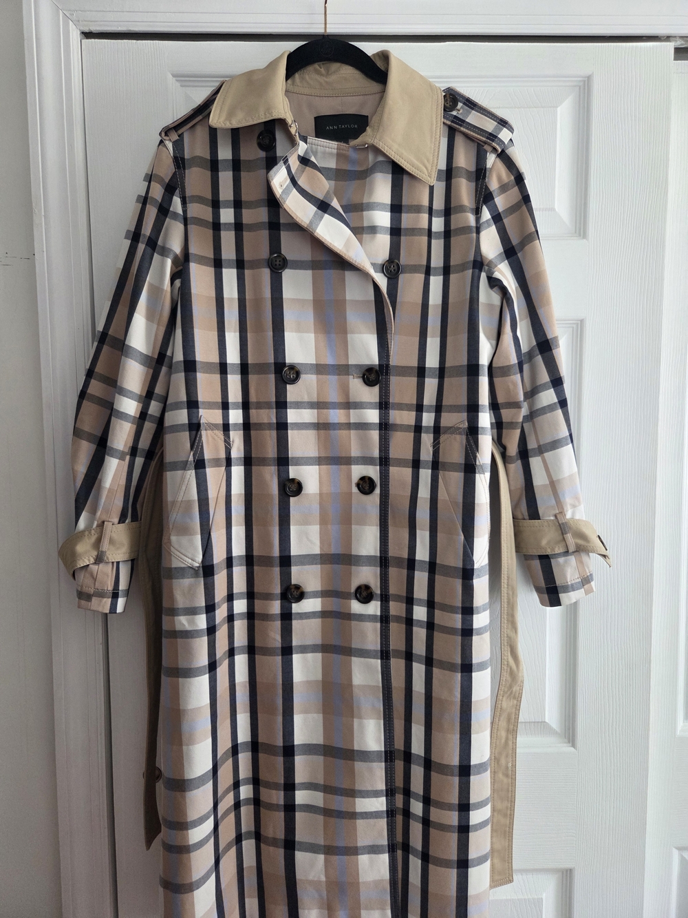 Ann Taylor Beige, Navy & Light Blue Plaid Double-Breasted Trench Coat